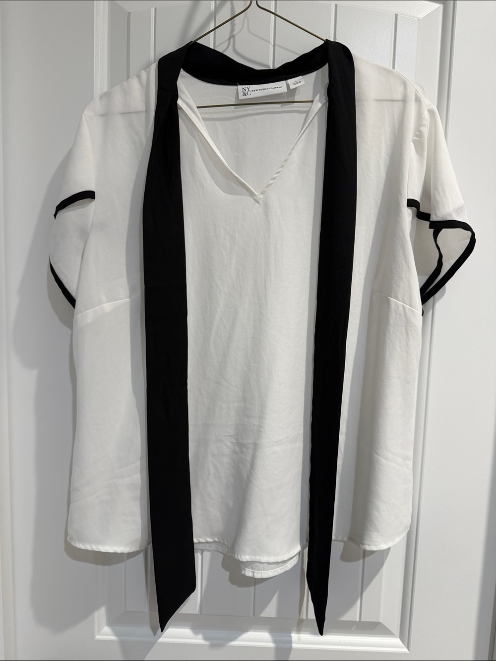 New York & Company White Blouse with Black Trim